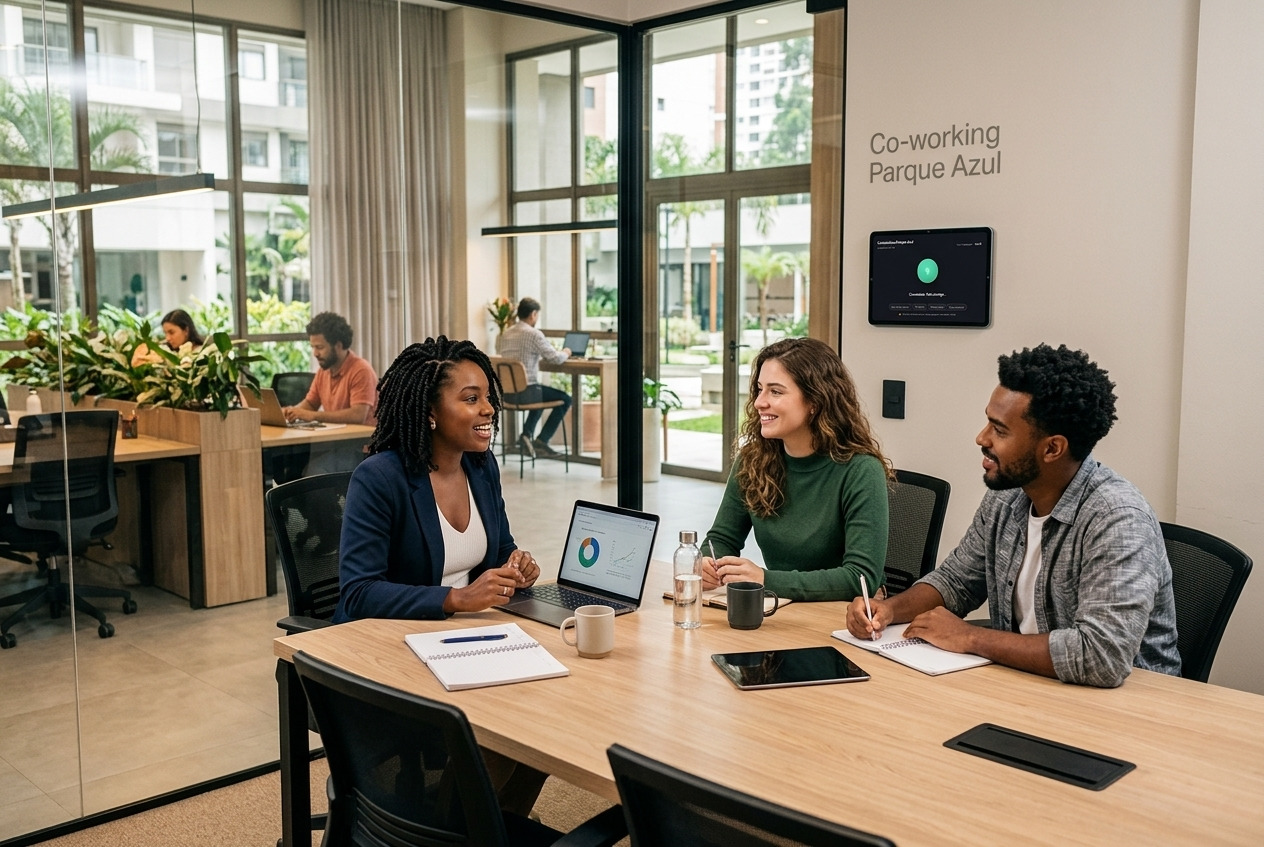 Coworking do empreendimento, com a tela do assistente de voz na parede