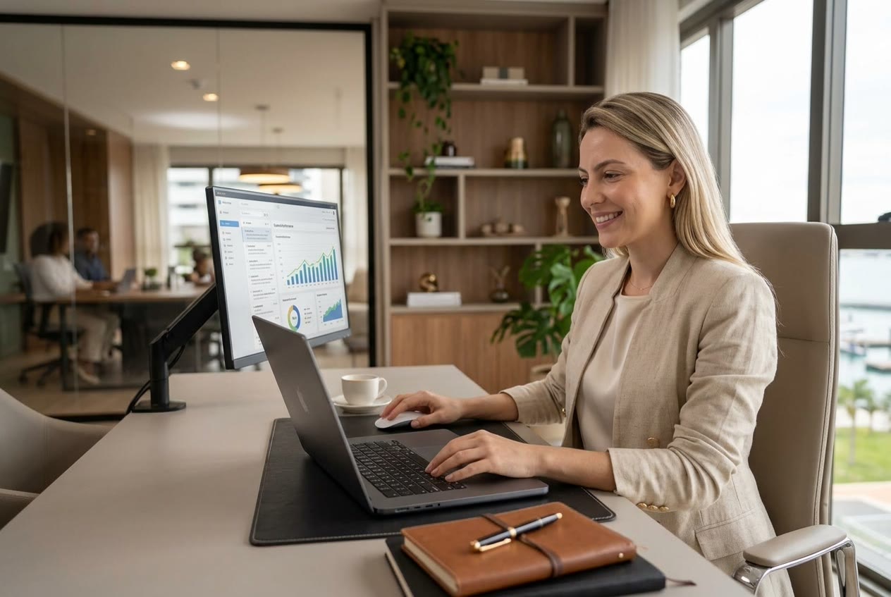 Gerente predial operando o painel do empreendimento
